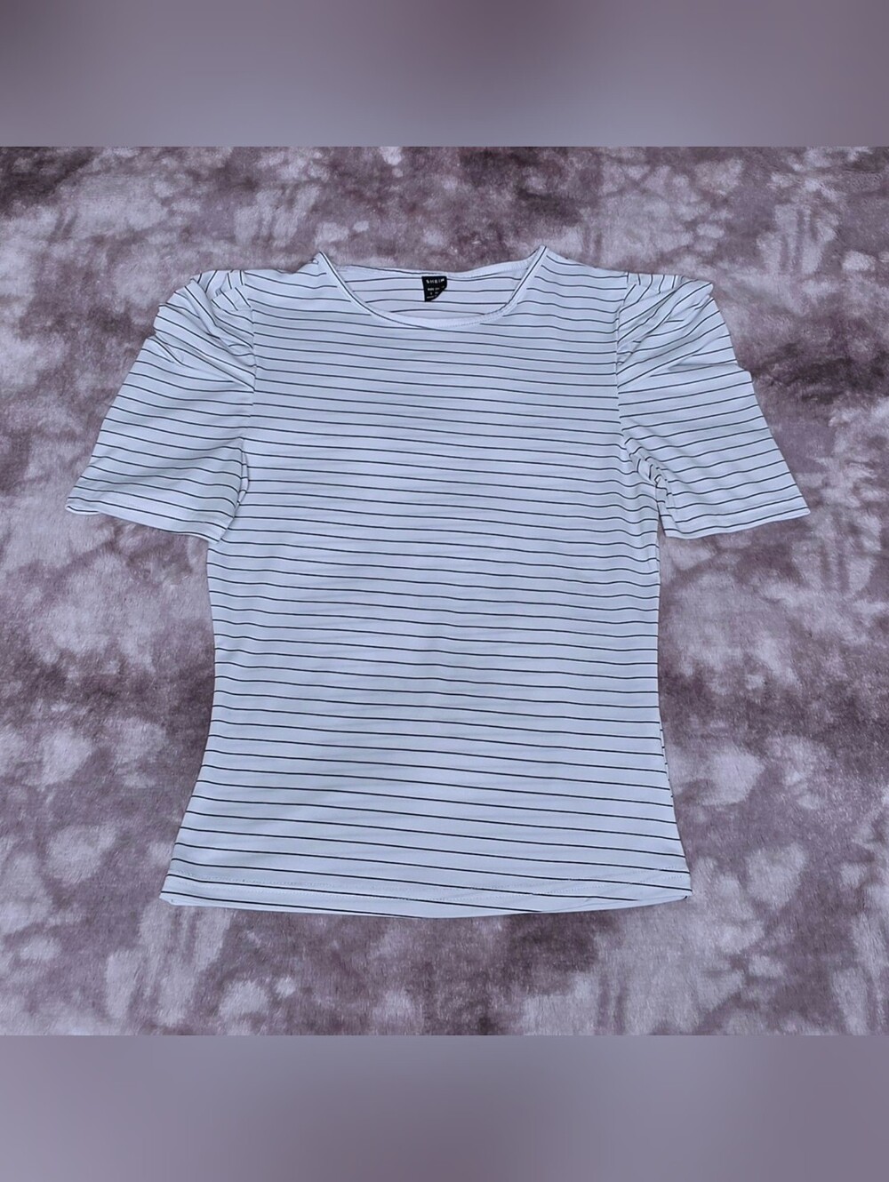 SHEIN White Top with Black Pinstripes and Puff Sleeves